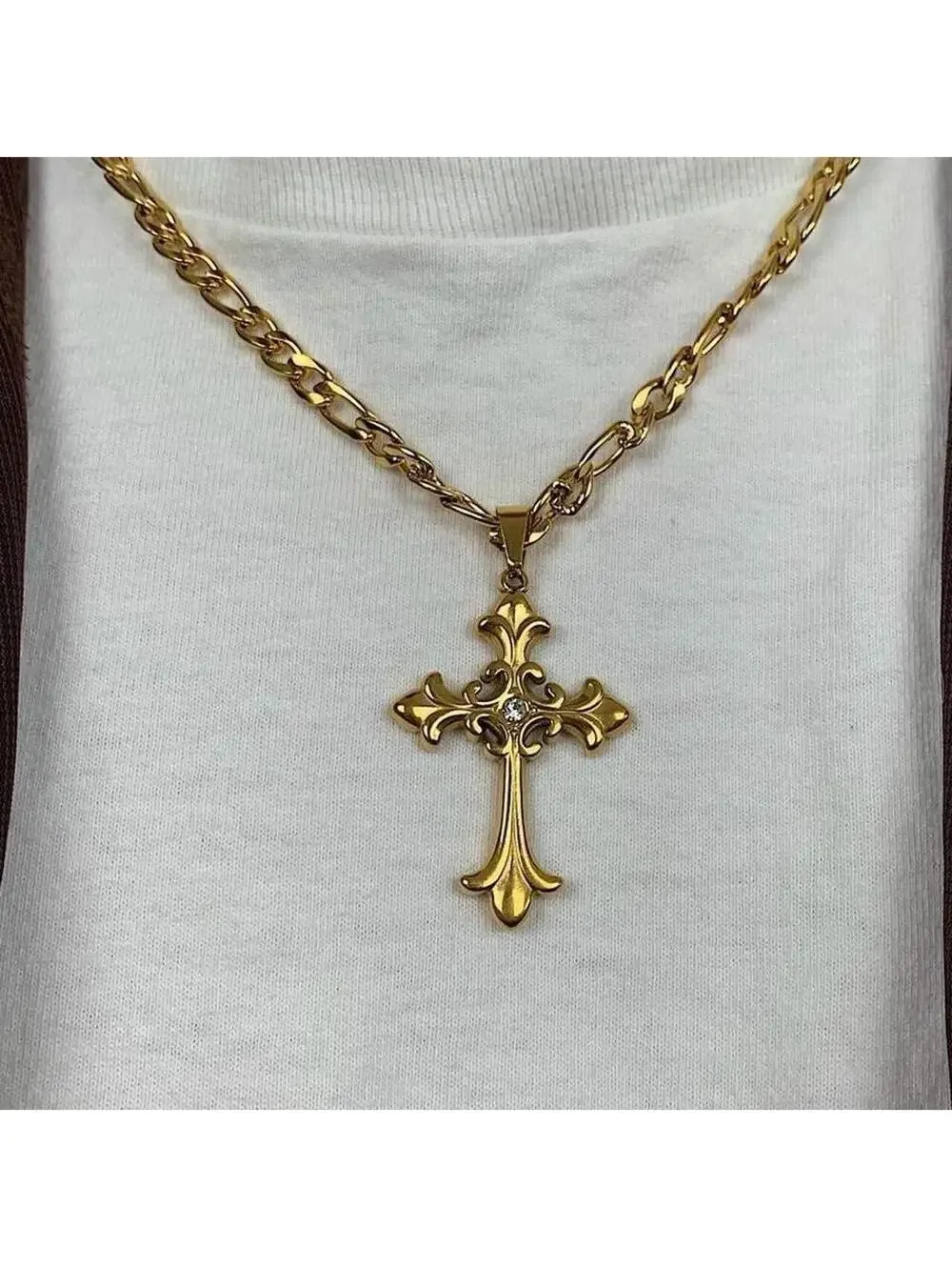 Y2K Gold Stainless Steel Cross Pendant Stone Necklace 20 Inch Unisex